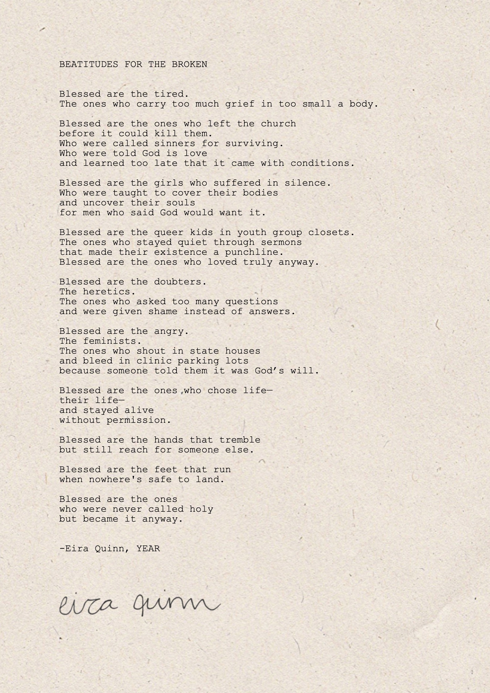 Mockup of "Beatitudes for the Broken" hand-typed on A4 handmade paper